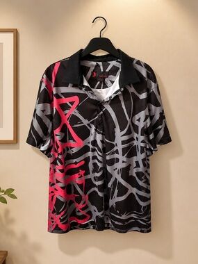 jamie sadock Black Button-Down Shirt with Pink and Gray Graffiti Print